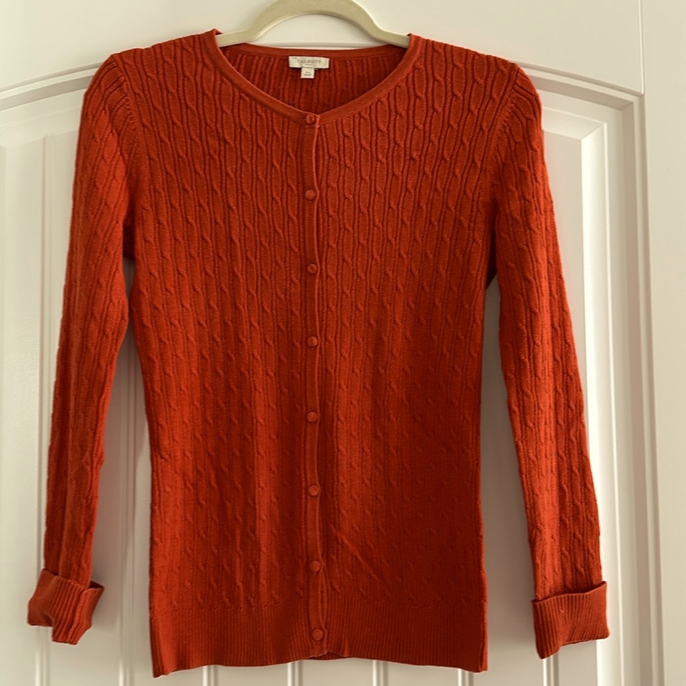 Talbots size XS cable knit button down cardigan. Colour is a burnt orange.